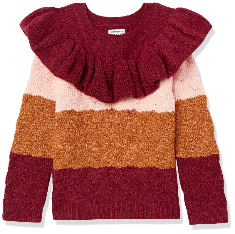 Photo 1 of Amazon Essentials Girls and Toddlers' Soft Touch Ruffle Sweater 3T Berry/Stripe