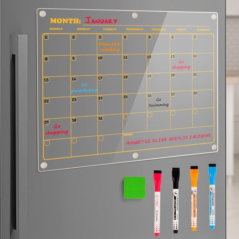 Photo 1 of Acrylic Magnetic Dry Erase Board Calendar for Fridge, 16×12 inch Clear Magnet Refrigerator Calendar 2023 Weekly Monthly Dry Erase Board Includes 4 Colors Dry Erase Markers and Eraser 