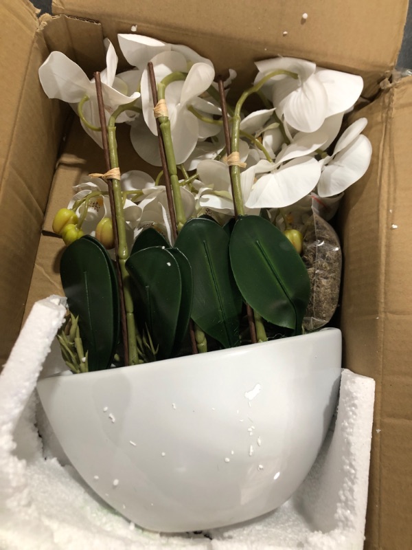Photo 2 of Ziwon Artificial Orchid Flowers Potted in Ceramic Pot, White Faux Phalaenopsis Orchids for Table Centerpiece, Realistic Fake Flower in vase for Home Office Decor Indoor Ww 05