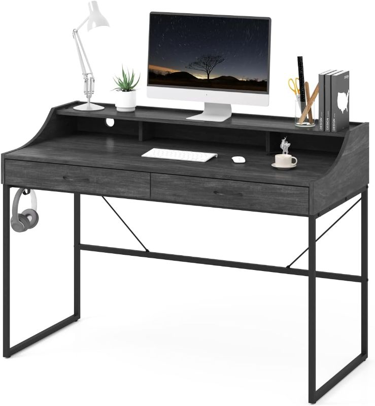 Photo 1 of LINSY HOME Computer Desk with Drawers, 47-inch Writing Desk Study Table with Monitor Stand Riser for Home Office, Black