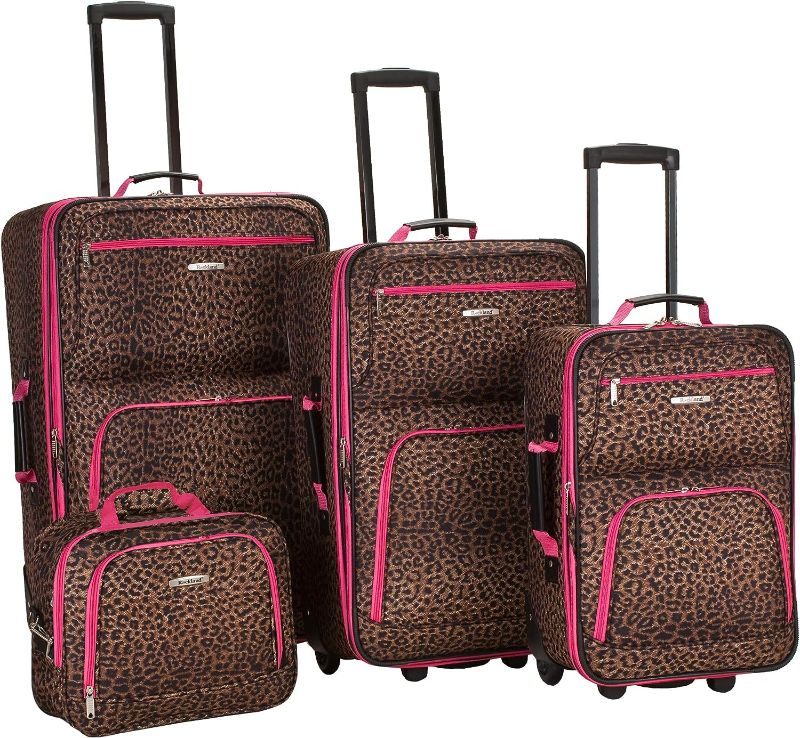 Photo 1 of Rockland Jungle Softside Upright Luggage, Pink Leopard, 4-Piece Set (14/29/24/28)