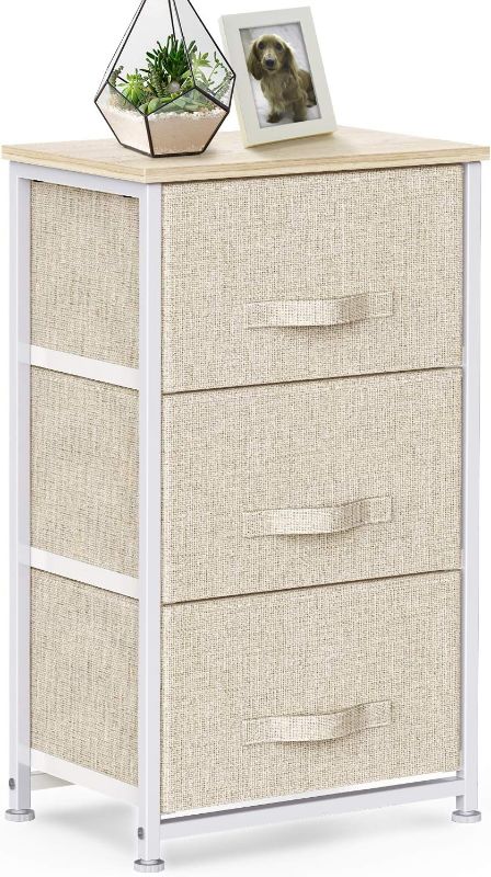 Photo 1 of 3 Drawer Fabric Dresser Storage Tower, Dresser Chest with Wood Top, Organizer Unit for Closets Bedroom Nursery Room Hallway (Beige)