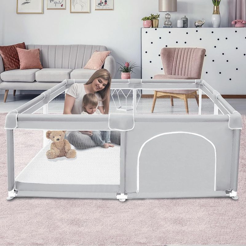 Photo 1 of Baby Playpen, Baby Playard for Babies and Toddlers, Baby Fence Play Pens for Indoor & Outdoor, Sturdy Safety Play Yard with Soft Breathable Mesh, Anti-Fall, 120 x 120 GRAY