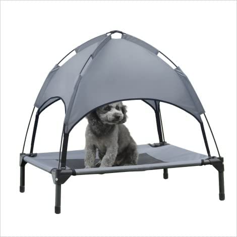 Photo 1 of  Small Elevated Dog Bed with Canopy - Upgraded 30IN Outdoor Raised Dog Cot Bed with Removable Shade Tent, Dog Cot Gray(S Size)