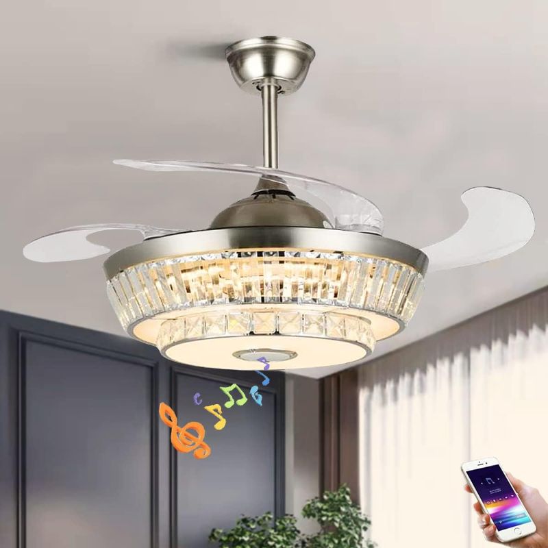 Photo 1 of 42'' Black Chandelier Ceiling Fan with Lights Remote Control, Modern Fandelier Retractable Blade Bluetooth Speaker 7 Color Change for Living room Bedroom Kitchen Dining Room, Silver