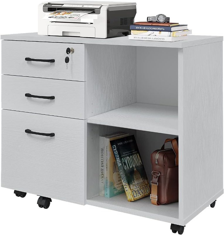 Photo 1 of 3 Drawer File Cabinets, Mobile Lateral Printer Stand with Open Shelf, Rolling Filing Cabinet with Wheels Home Office Organization and Storage (White) 