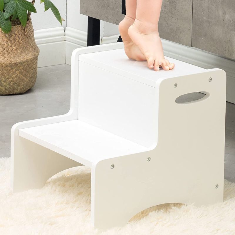 Photo 1 of WOOD CITY Wooden Toddler Step Stool for Kids, White Two Step Children's Potty Stool with Handles, Bonus Non-Slip Pads for Safety, Bathroom & Kitchen, Dual Height 