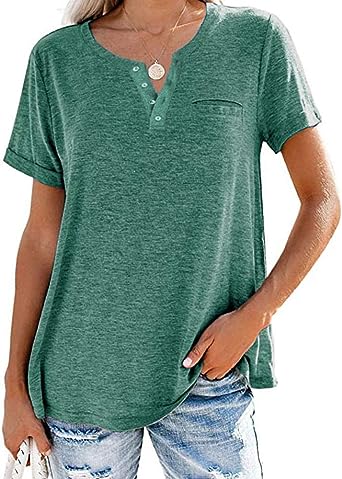 Photo 1 of Aiopr Women's Henley V Neck T Shirts Short Sleeve Casual Loose Summer Tops Tees Blouses Tunics Size S