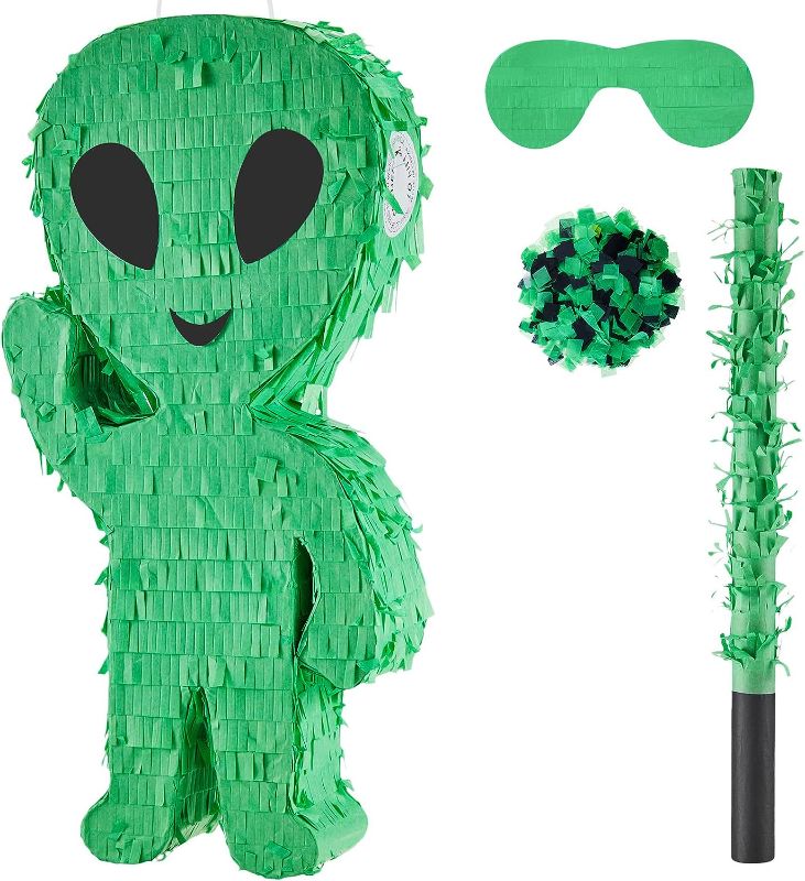 Photo 1 of 15.7 Inch Alien Pinata Set Alien Party Birthday Space Pinata Toy Blindfold Pinata Stick and Confetti Outer Space Themed Birthday Decorations Paper Supplies Photo Booth Props, Green 