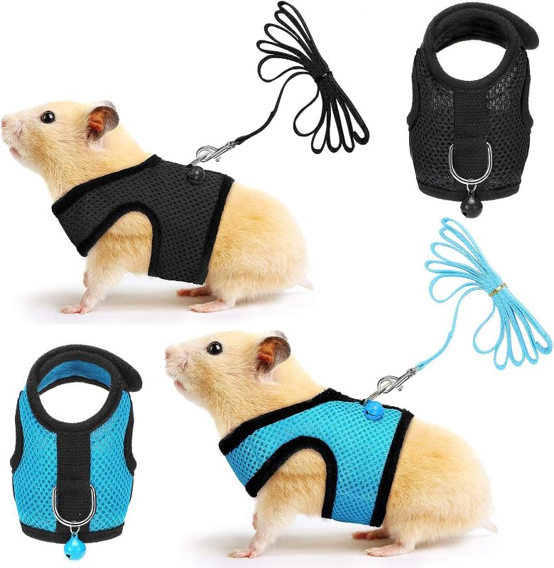 Photo 1 of 2 Pieces Guinea Pig Clothes Baby Ferret Rats Hamster Soft Mesh Harness Leash Vest Set with Bell for Guinea Pigs, Hamster, Ferret, Rabbit, Chinchilla and Similar Small Animals Size S