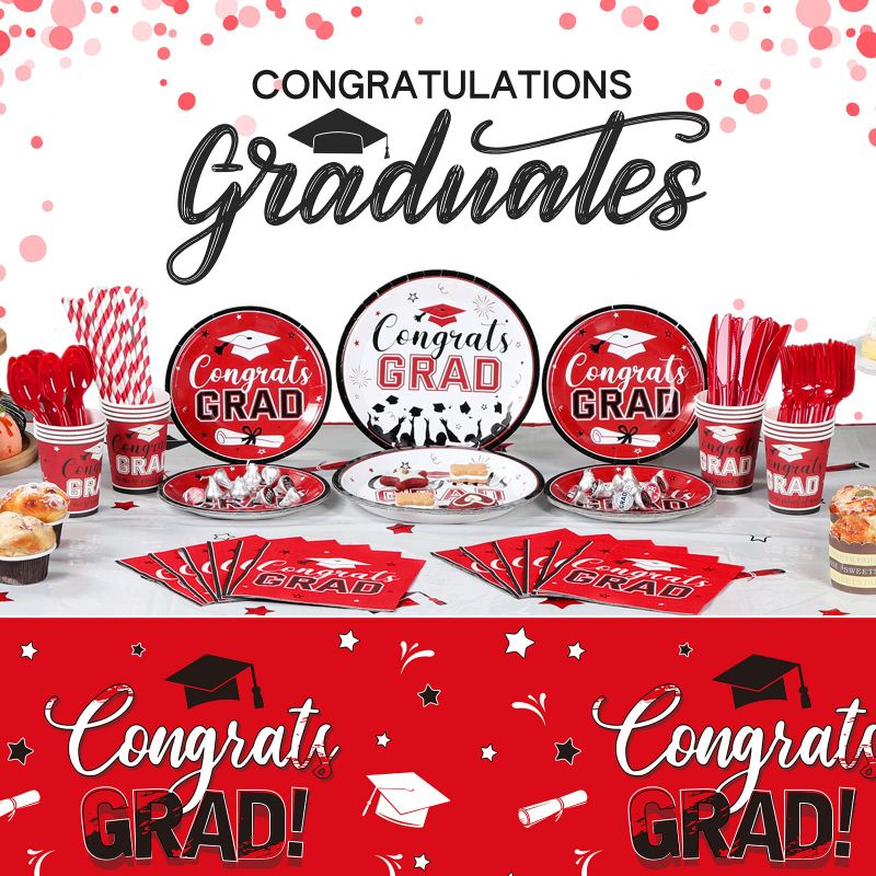 Photo 1 of 193 Pcs Graduation Party Supplies Set Grad Decoration Congrats Class of 2023 Graduation Tablecloth and Cups Plates Napkins Silverware for Event Celebration Party Supply, Serves 24 (Red and White) Red/White
