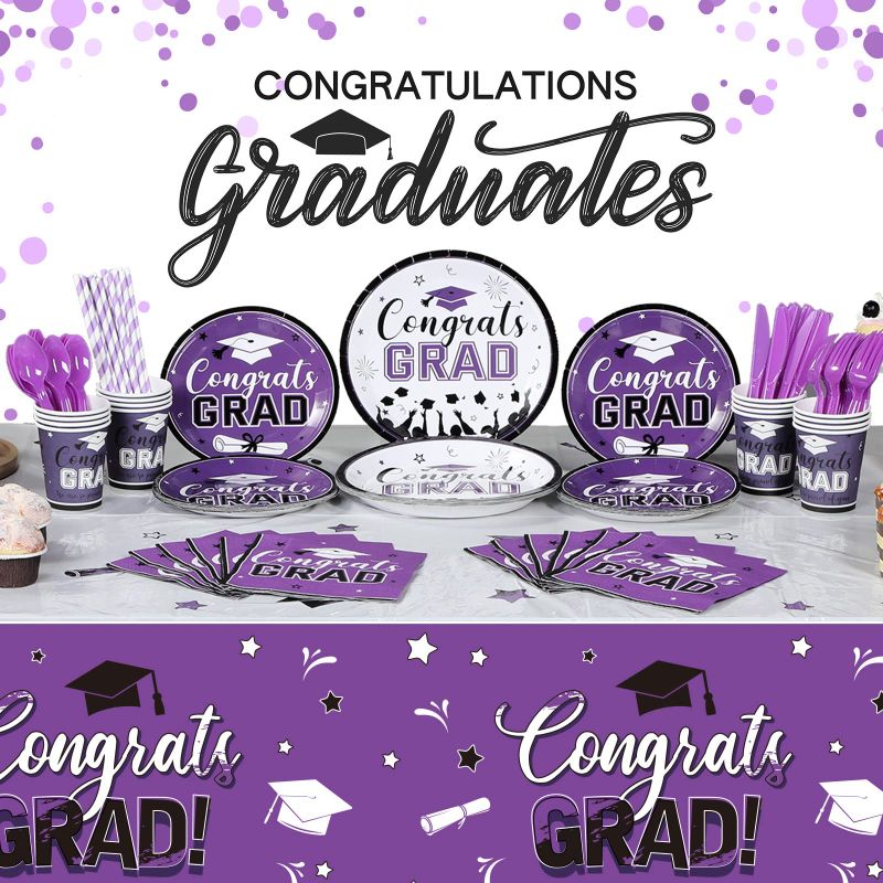 Photo 1 of 193 Pcs Graduation Party Supplies Set Grad Decoration Congrats Class of 2023 Graduation Tablecloth and Cups Plates Napkins Silverware for Event Celebration Party Supply, Serves 24 (Purple and White)