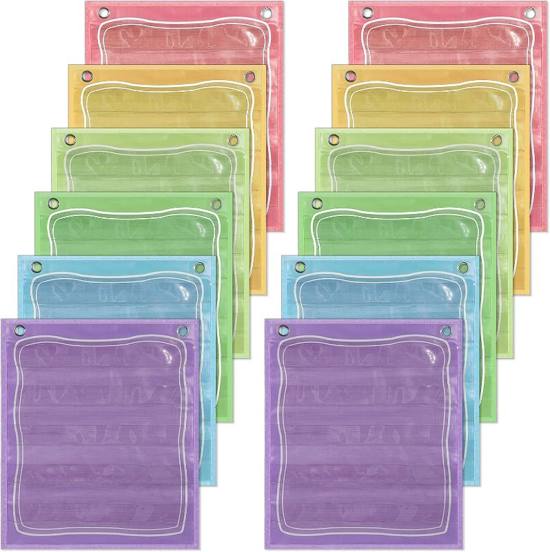 Photo 1 of 12 Pcs Pocket Chart Classroom Painted Wood Small Mini Pocket Chart Bulk 5 Pocket Chart 16.8 x 14 Inches Colorful Painted Strip Pocket Chart for Kids Calendar Pockets Word Cards Teacher Organizer