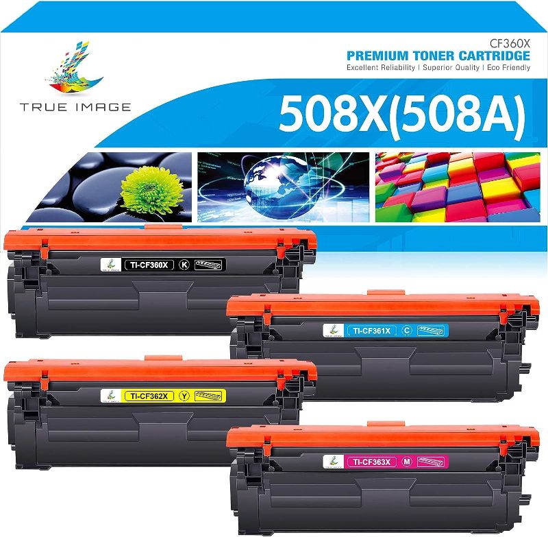 Photo 1 of TRUE IMAGE Compatible Toner Cartridge Replacement for HP 508X CF360X CF361X CF362X CF363X 508A Color Enterprise M553dn M577 M553X M553N M553 Printer Ink (Black Cyan Yellow Magenta 4-Pack)