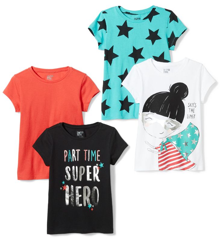 Photo 1 of Amazon Essentials Girls and Toddlers' Short-Sleeve T-Shirts, Multipack, Black/Blue Stars/Orange/White Cool Girl, Size 3T