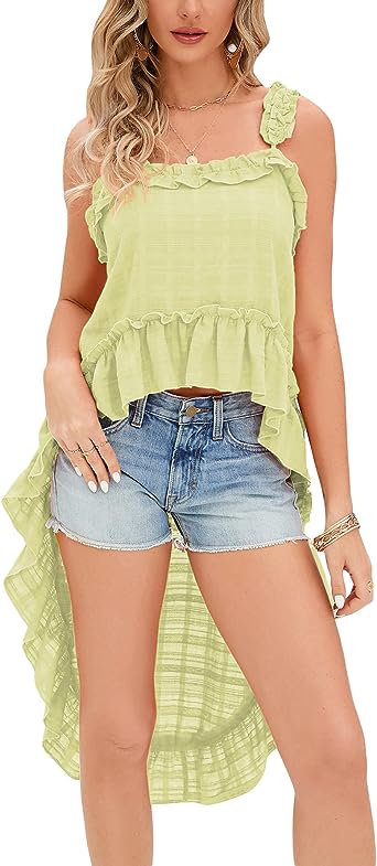 Photo 1 of KOJOOIN Women Asymmetrical Ruffle Sleeveless High Low Tank Tops (L)