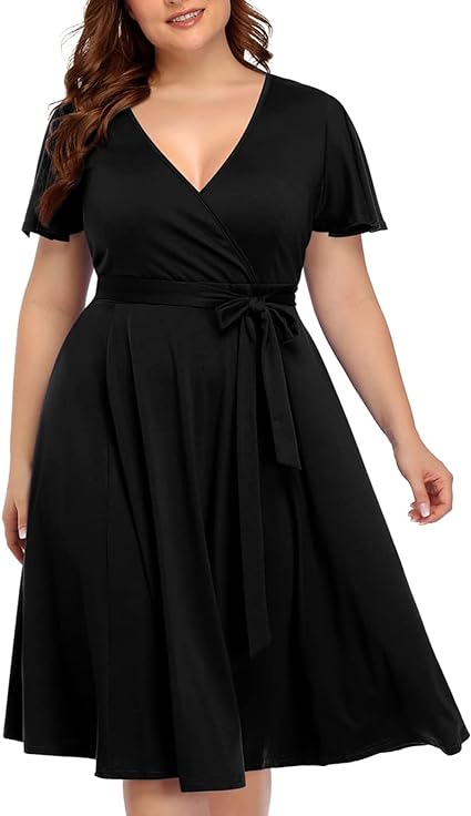 Photo 1 of (XXL) Jiabbyin Womens Plus Size Dress Casual V-Neck Short Sleeve Midi Dresse