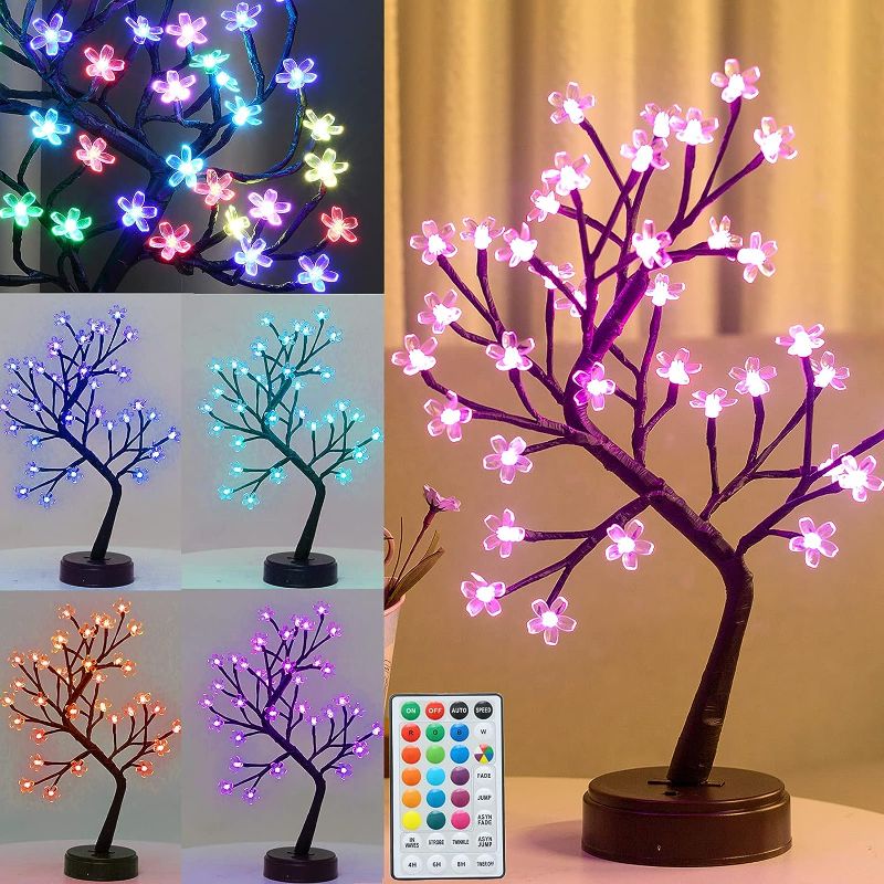 Photo 1 of  Cherry Blossom Tree Light with Remote 16 Color-Changing LED Artificial Flower Bonsai Tree, Pink Table Top Lamp Home Lit Tree Christmas Centerpieces Decoration 36 LED, Brown Branch