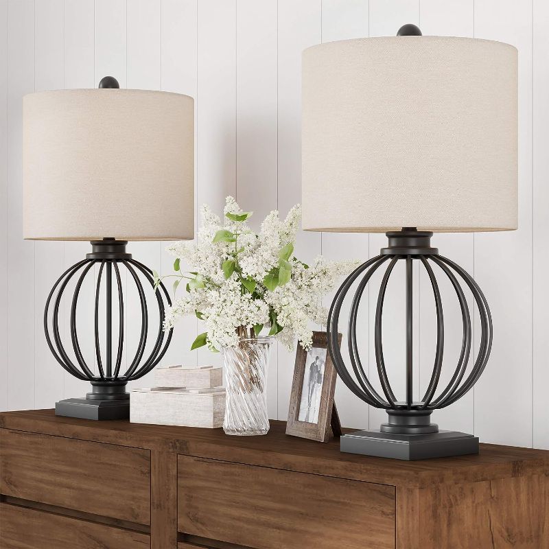 Photo 1 of  Matte Black Wrought Iron Orb Open Cage LED Table Lamps (Set of 2)