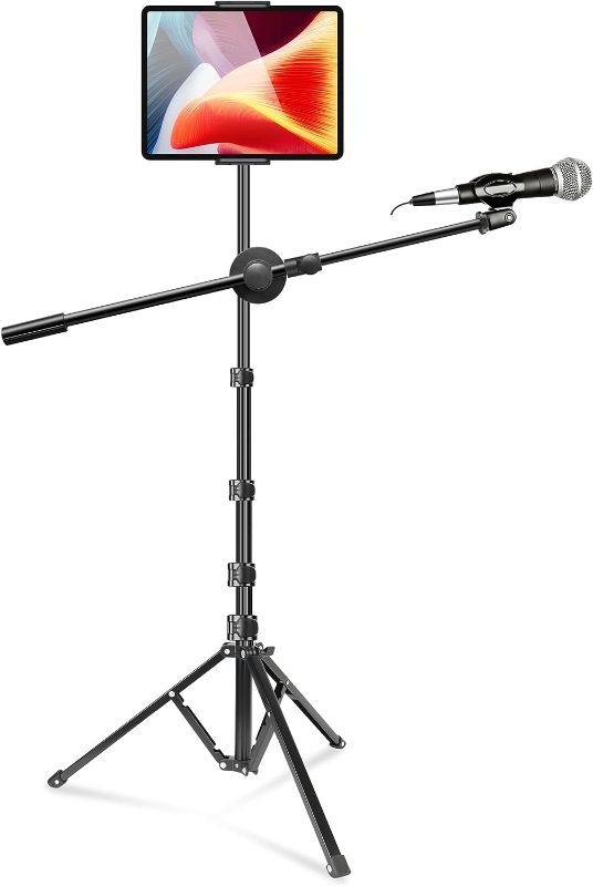Photo 1 of Elitehood Floor Tablet Stand & Boom Mic Stand, 68in Height Adjustable iPad Holder Stand, Portable Tripod Microphone Stand for Singing, Compatible with iPad Pro Air Mini and 4-12.9’’ Phones & Tablets