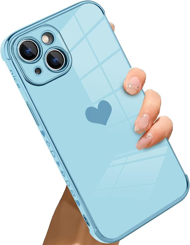 Photo 1 of Bonoma for iPhone 14 Case Love Heart Plating Electroplate Luxury Elegant Camera Protector Soft TPU Shockproof Protective Corner Back Cover Designed for iPhone 14 Case -Blue