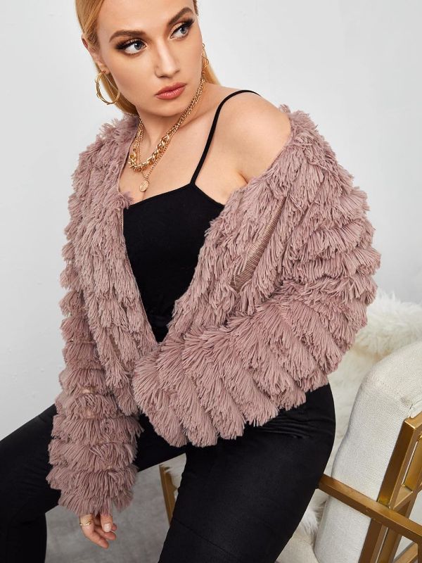 Photo 1 of (L)  Womens Jackets Plus Solid Fuzzy Open Front Crop Coat Plus Size Jackets (Color : Dusty Pink