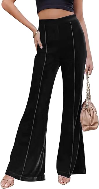 Photo 1 of (L) Mallnear Women's Velvet Pants Wide Leg Flare Pants Elastic High Waist Palazzo Casual Bell Bottom Trousers