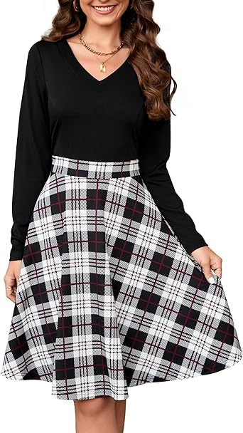 Photo 1 of (XL) MISSKY Women's Vintage V Neck Long Sleeve Dresses Patchwork Plaid Print Flared Flowy A Line Casual Dress