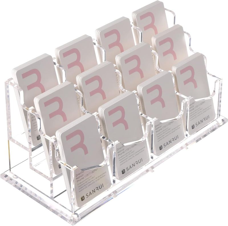 Photo 1 of HeZone Business Card Holder for Vertical Display 12 Slots, Clear Acrylic Cards Organizer Stand for Women and Men