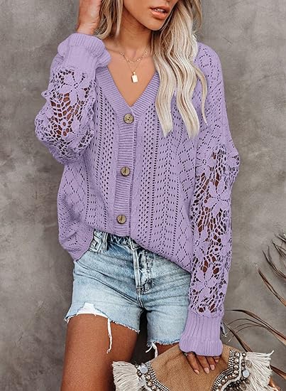 Photo 1 of AlvaQ Womens Lightweight Lace Crochet Cardigan Sweater Kimonos Casual Oversized Open Front Button Down Knit Outwear 2XL