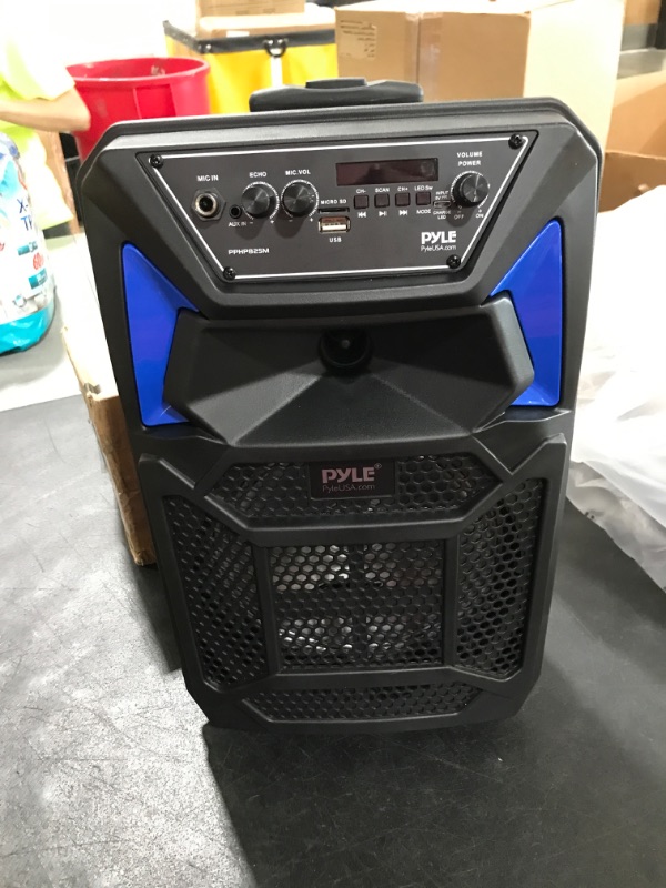 Photo 2 of Portable Bluetooth PA Speaker System - 400W Outdoor Bluetooth Speaker Portable PA System w/Microphone in, Party Lights, MP3/USB SD Card Reader, FM Radio, Rolling Wheels - Mic, Remote - Pyle PPHP82SM