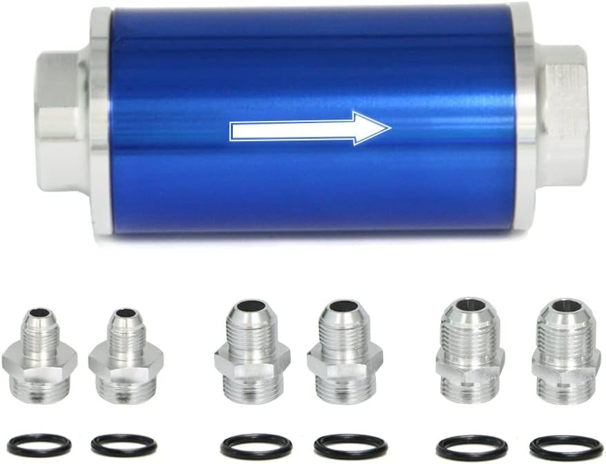Photo 1 of 30 Micron Inline Fuel Filter 6AN 8AN 10AN Adapter Billet Aluminum Universal 58MM Cleanable (Blue)
