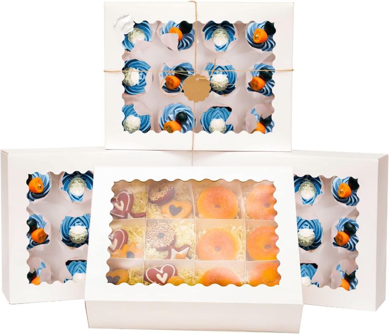 Photo 1 of 12 Cupcake Boxes with Window 16-Packs White Cupcake Box 13"x10"x3.5" Cupcakes Carrier, 12 Cupcake Containers