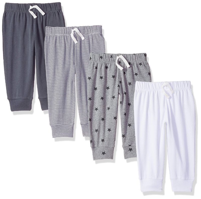 Photo 1 of Amazon Essentials Unisex Babies' Cotton Pull-On Pants, Multipacks 4 Dark Grey/White/Stars/Stripe 24 Months