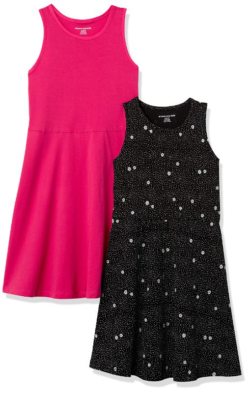 Photo 1 of Amazon Essentials Girls and Toddlers' Knit Sleeveless Tank Play Dress, Pack of 2 Large Black Dots/Raspberry Red - size large 