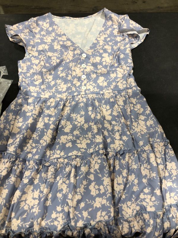 Photo 2 of Damorong Summer Dresses for Women 2023 Floral Flowy Short Sleeve V Neck Ruffle Hem A-Line Casual Sun Mini Dress SIZE L 