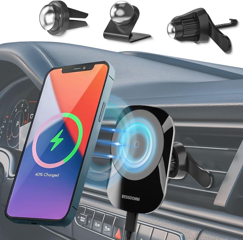 Photo 1 of Bessdomm Dash Mount Phone Holder Car Phone Holder Mount Magnetic Wireless Car Charger with Air Vent Cell Phone Mount for Car Compatible with iPhone14/13/12/Pro/Mini/Pro Max Magnetic Phone Case