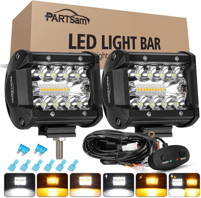 Photo 1 of Partsam 2pcs 4" Inch 60W LED Pods Lights Amber White Light Bar Strobe Spot Flood Combo Beam Lights 6 Modes Memory Function for ATV UTV SUV Offroad Pickup Trucks w Wiring Harness Kit 16AWG 2 Leads