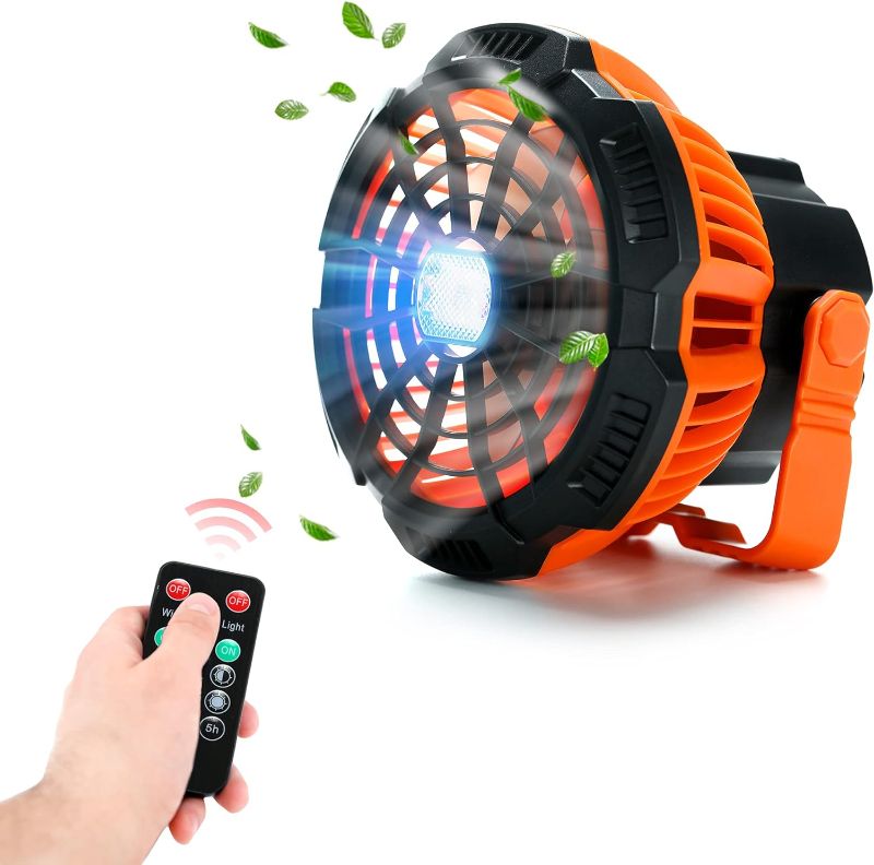 Photo 1 of HERRLY Camping Fan with Light, Adjustment Angle Small Fan, Outdoor Fan for Tent,3 Speeds Adjustment Personal Fan, USB Rechargeable Portable Desk Fan for Home and Office (Orange)