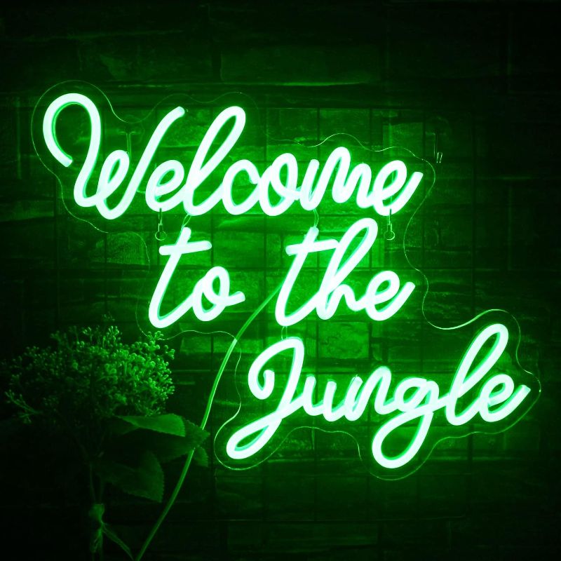 Photo 1 of FAXFSIGN Welcome to the Jungle Neon Sign Green Led Word Neon Light Signs for Wall Decor Usb Letter Light Up Sign for Bedroom Nursery Kids Room Garden Home Entryway Front Porch Wedding Birthday Party Decorations Gifts
