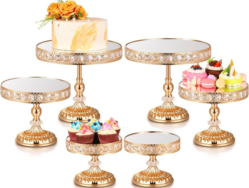 Photo 1 of 6 Pcs Wedding Metal Cake Stand Set with Crystal Beaded Mirror Top Cake Display Stand Cupcake Display Plate Crystal Dessert Cheese Stand Cake Holder (Gold)