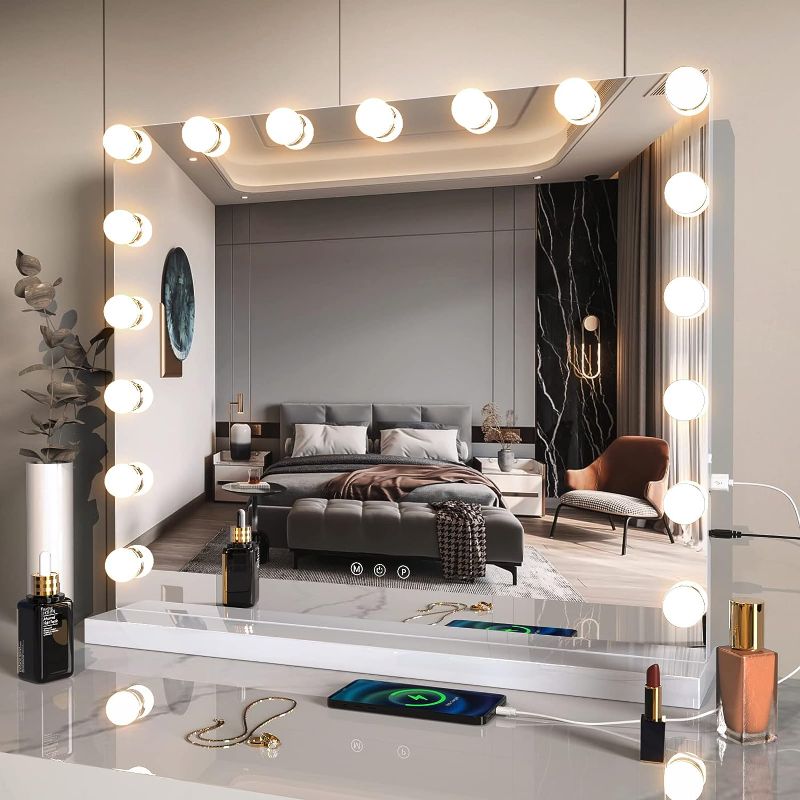 Photo 1 of ZL ZELing Vanity Mirror with Lights, with 17 LED Lights, Makeup Mirror USB-Powered Dimmable Light with Touch Control, Frameless Dressing 3 Color Lights Mirror,23.6 x 19.6 Inch