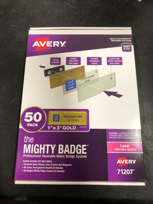 Photo 2 of The Mighty Badge by Avery, 1" x 3" Magentic Name Tags, 50 Gold Name Badges, 120 Customizable Inserts (71207)
