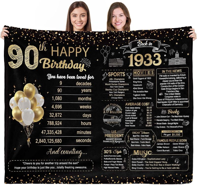 Photo 1 of Yomaisky 90th Birthday Gifts for Women Men 1933 90th Birthday Blanket Gift for Mom Dad Grandparents 90 Year Old Birthday Gift Idea for Grandparents 90th Birthday Decorations Blanket 60x50Inch 