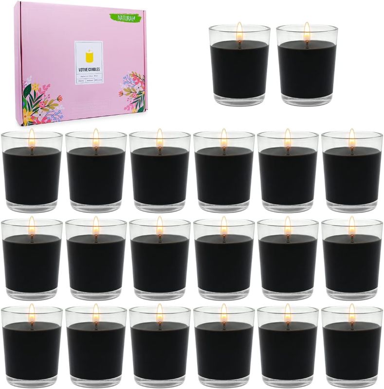 Photo 1 of 15 Hour Black Votive Candles in Glass, 20 Packs Unscented Soy Wax Scentless Candles for Wedding Party Home Holidays Relaxation Spa Halloween, 10-12 Hours Long Burning 