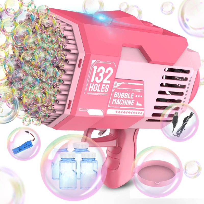 Photo 1 of 132 Holes Bubble Gun Toys, Rocket Launcher Bubble Blower Toy, Portable Bubble Machine With Colorful Light, Big Bubble Maker For Outdoor Indoor Games, Bubbles Machine For Wedding Birthday Gifts (Pink) 132hole-Pink