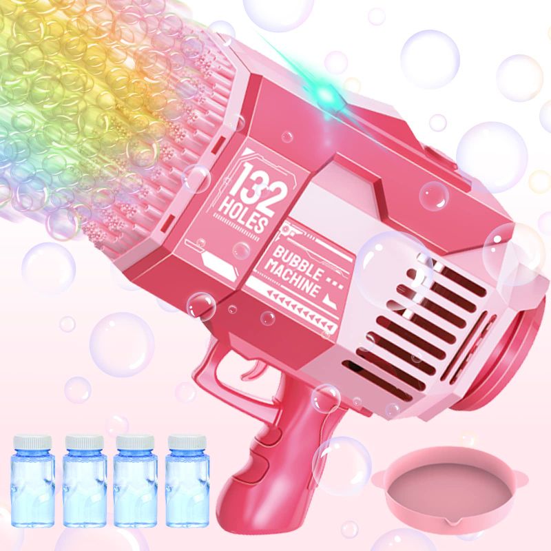 Photo 1 of 132 Holes Bubble Machine Gun-Big Rocket Boom Bubble Blower/Bubble Gun Blaster With Colored Lights, Giant Foam Maker Guns Toys Wedding Outdoor Party Gift For Kids Adults (Pink) 132 Rose