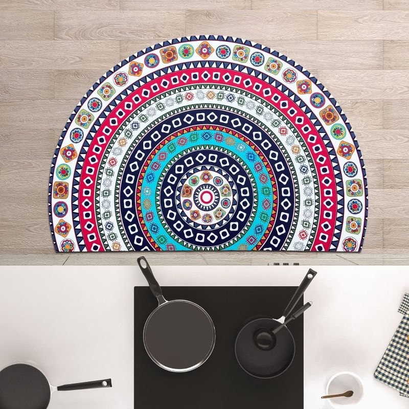 Photo 1 of 2 Pcs Boho Colorful Flower Half Round Kitchen Rug,Diatomaceous Earth Absorbent Mat for Kitchen, Front of Sink Mats for Floor,Non Skid Washable,Comfort Mat for Home, Bath and Shower Room, 30"x20" (c3)