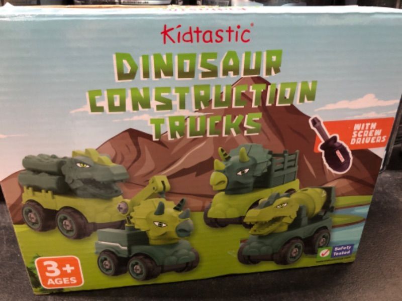 Photo 2 of Kidtastic Dinosaur Construction Trucks Toys for Ages 3-6 Kids 4 Pack, Baby Boys Girls STEM Learning Toys, Toddlers, Dump Truck Toy, Screwdrivers Included