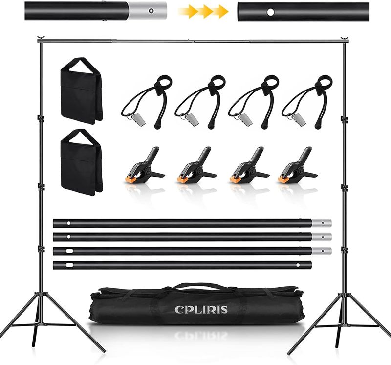 Photo 1 of CPLIRIS Backdrop Stand for Parties, 8.5x10ft Adjustable Backdrop Support for Photoshoot, Baby Shower Backdrop Stand with Spring Clips, Sandbag, Backdrop Clip and Carry Bag